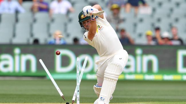 Aaron Finch is bowled by Ishant Sharma in the first Test in Adelaide. Picture: AAP 