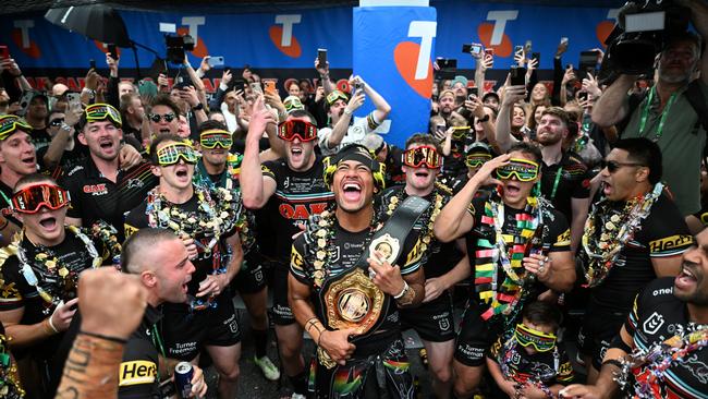 Penrith players celebrate their third straight grand final win. Picture: NRL Photos