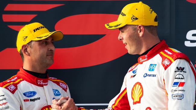 Scott McLaughlin and teammate Fabian Coulthard after the opening race of the 2019 Tasmania SuperSprint. (Photo by Daniel Kalisz/Getty Images)