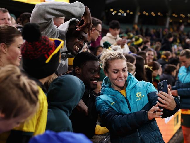 Ellie Carpenter shares a moment with Matildas fans after the friendly against China. Picture: Getty Images