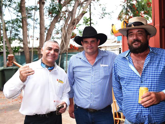 Auctioneers Frank Schembri, Ian Bradford and Darryl Yesberg at the Noonamah Tavern Frog Races. PICTURE: Justin Kennedy