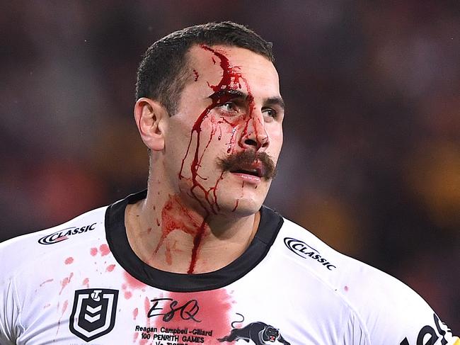 Reagan Campbell-Gillard of the Panthers bleeds during the Round 9 NRL match between the Wests Tigers and the Penrith Panthers at Suncorp Stadium in Brisbane, Friday, May 10, 2019.  (AAP Image/Dave Hunt) NO ARCHIVING, EDITORIAL USE ONLY