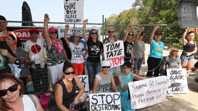 Black Swan Lake protest at Bundall. Picture Glenn Hampson.