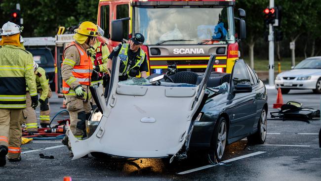 A driver had to be cut free from their sedan after a two-car collision at the intersection of Marion Road and Sturt Road, Sturt, on November 4, 2019. Picture: Morgan Sette/AAP