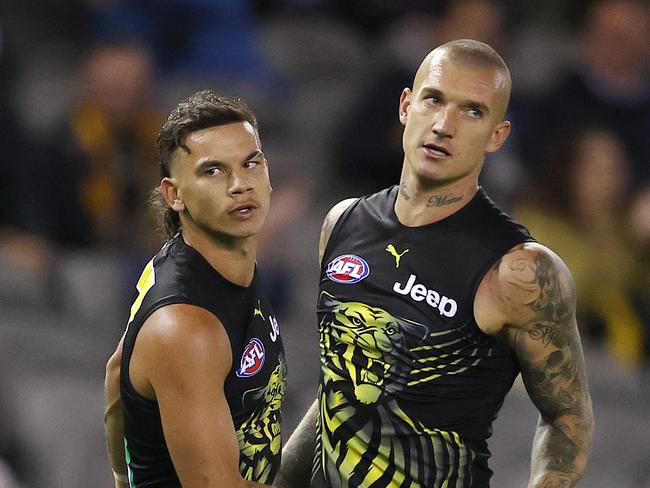 2021 AAMI Community Series. Collingwood vs. Richmond at Marvel Stadium, Melbourne. 05/03/2021. Richmonds Daniel Rioli and Dustin Martin after a Rioli 3rd qtr goal. Pic: Michael Klein