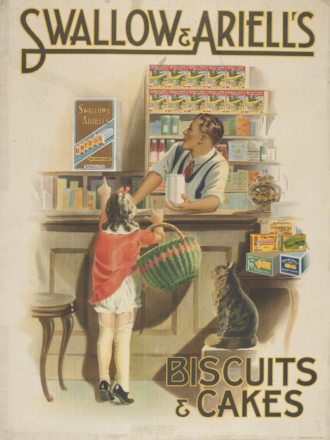 This 1920s advertisement shows a little girl asking a grocer for Swallow and Ariell’s Uneeda dry biscuits. Picture: Museums Victoria