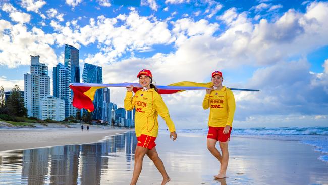 Volunteer Surf Lifesavers Stephanie Dimitrio and Paul Ryan bring the season to a close at Broadbeach SLSC. Picture: Nigel Hallett