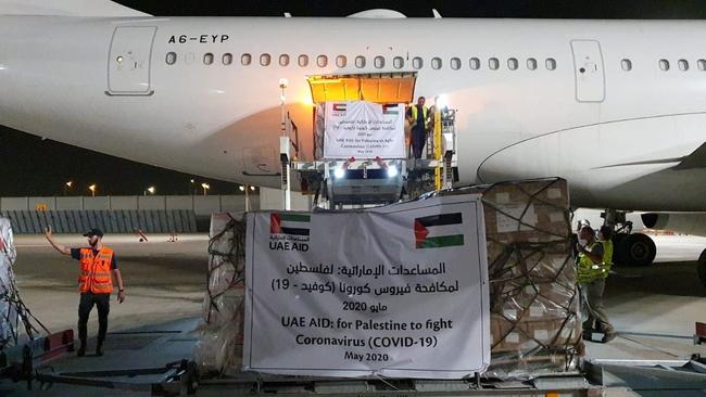 The shipment of medical aid for Gaza is loaded in Abu Dhabi. Picture: AP