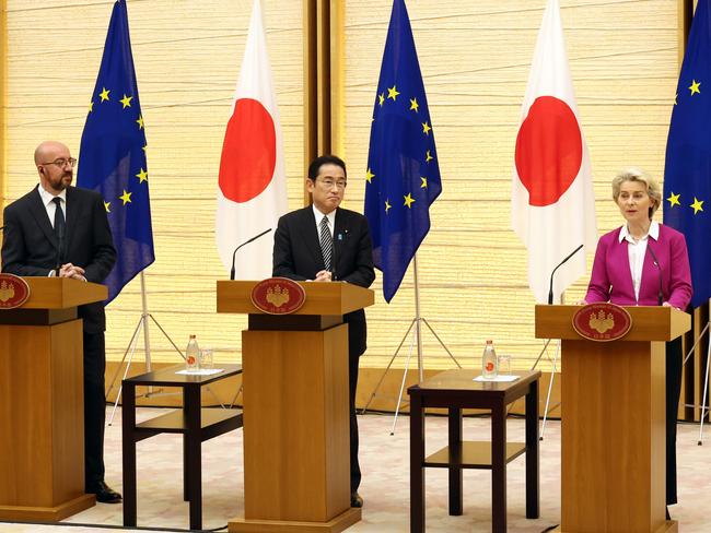 European Commission President Ursula von der Leyen, right, European Council President Charles Michel, left, and Japanese Prime Minister Fumio Kishida, centre. Picture: Getty Images