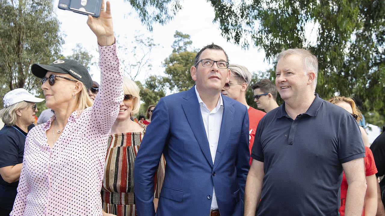 Martina Navratilova with Victorian Premier Daniel Andrews and Federal Opposition leader Anthony Albanese during a Pride March in Melbourne. Picture: AAP Image/Ellen Smith