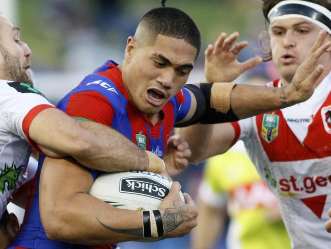 Sione Mata'utia of the Knights during the Round 16 NRL match between the Newcastle Knights and the St George-Illawarra Dragons at Hunter Stadium in Newcastle, Saturday, June 25, 2016. (AAP Image/Darren Pateman) NO ARCHIVING, EDITORIAL USE ONLY