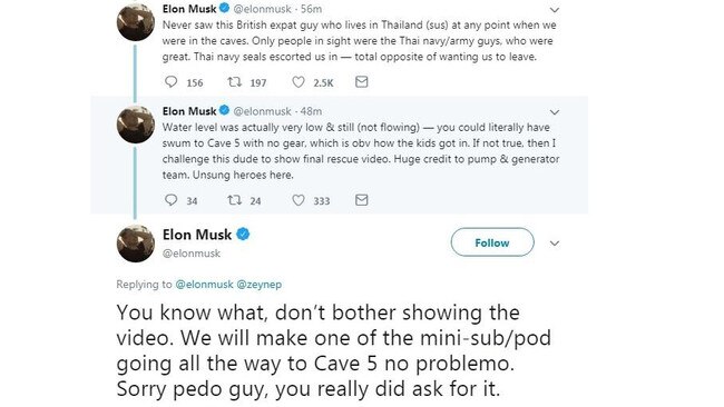 The notorious tweet where entrepreneur Elon Musk referred to the British diver as a "pedo". Picture: Twitter