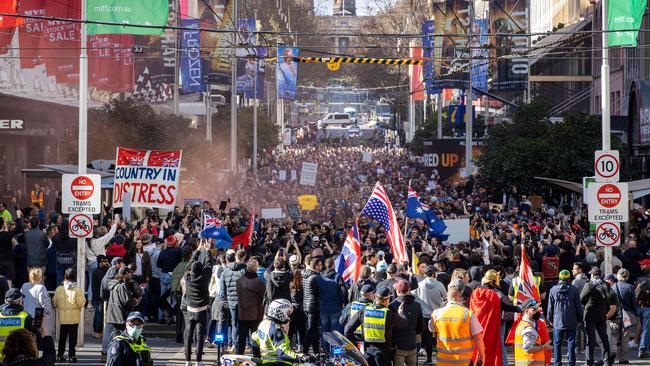 Anti-lockdown protesters in Melbourne last weekend. Picture: Mark Stewart