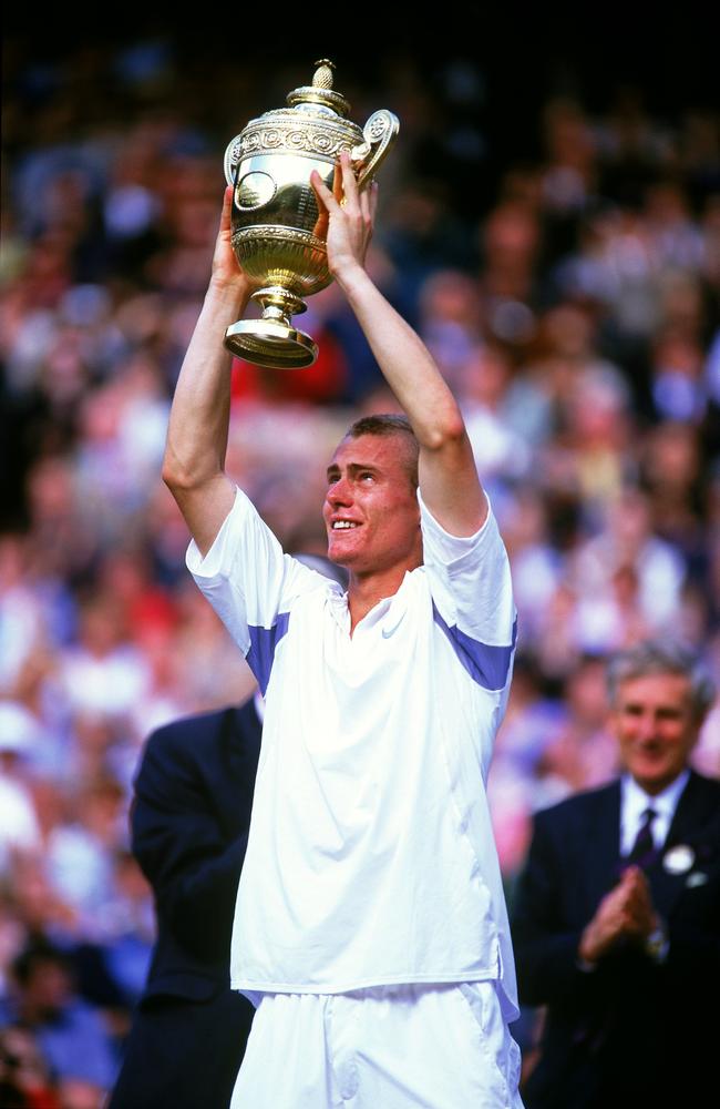 Lleyton Hewitt after his 2002 Wimbledon win. Picture: Mike Hewitt/Getty Images.