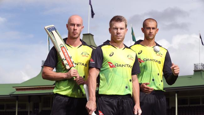 Chris Lynn, Dave Warner and Ashton Agar ahead of the first T20 international between Australia and New Zealand at the SCG. Picture: David Swift.