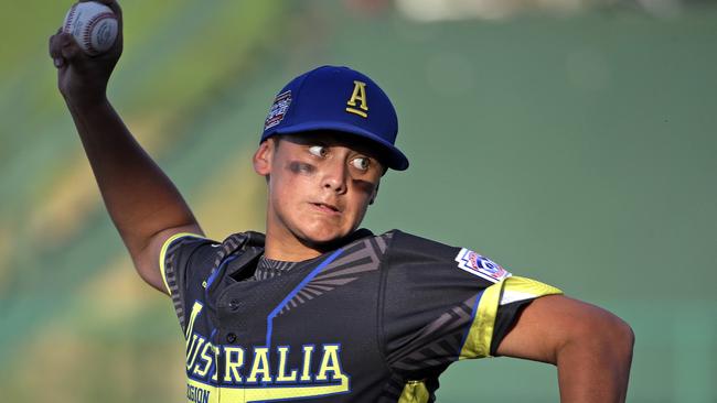 Australia pitcher Clayton Campbell delivers during the third inning. Picture: AP