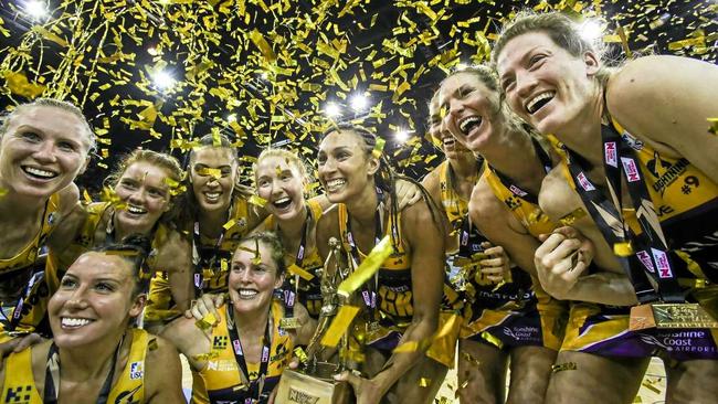 CHAMPIONS: Lightning players celebrate their first win in the inaugural Suncorp Super Netball Grand Final at the Brisbane Entertainment Centre in 2017. Picture: Contributed