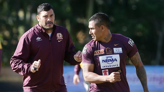 Justin Hodges and Ben Barba played together at the Broncos. Picture: Peter Wallis