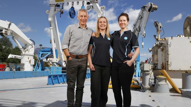 Doctor Richard Little chief scientist, Doctor Candice Untiedt research scientist, Tegan Sime voyage manager. CSIRO ship Investigator has returned after it's South-East Australian Marine Ecosystem Survey voyage. Picture: Nikki Davis-Jones