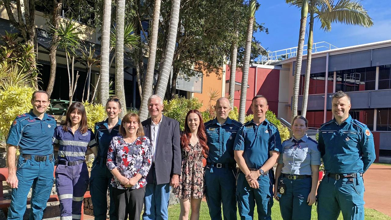 Ken Shaw (centre) with his daughter Brittany and wife Miriam, and the medical team who saved his life. Photo: Taylah Fellows.