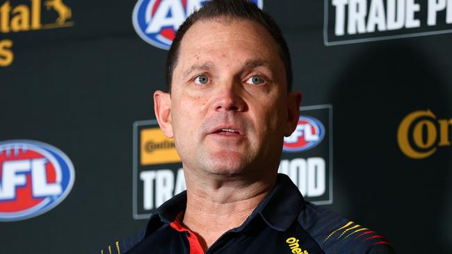 MELBOURNE, AUSTRALIA - OCTOBER 07: Justin Reid, Adelaide GM List Management and Strategy speaks during the 2024 Continental Tyres AFL Trade Period at Marvel Stadium on October 07, 2024 in Melbourne, Australia. (Photo by Josh Chadwick/AFL Photos via Getty Images)