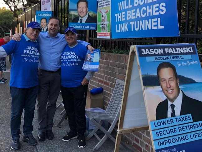 MP for Mackellar Jason Falinski with Liberal Party volunteers at Dee Why Public School on election day 2019. He has urged for stronger action by the federal government on climate change. Picture: Supplied.