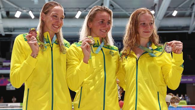 Australia swept the medals in the women's 200m freestyle with Ariane Titmus (C) taking gold, Mollie O'Callaghan (R) claiming silver and Madi Wilson winning (L) bronze. Picture: Michael Klein