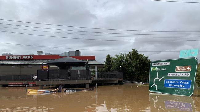 Flood water reaches Hungry Jack's on Ballina Road on March 1, 2022, a day after Lismore was hit by a record flood. Picture: Stuart Cumming