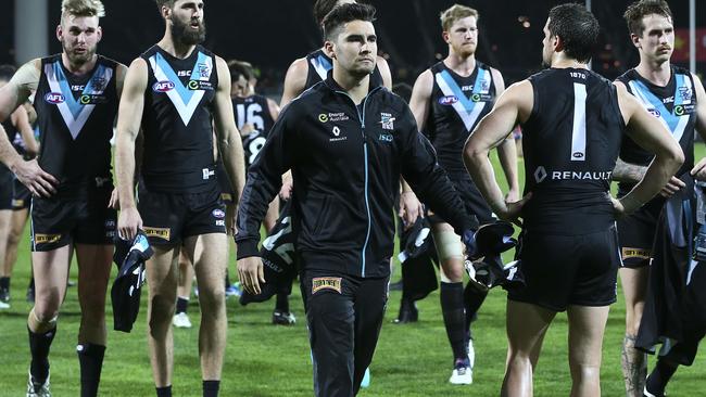 Chad Wingard’s season is over after hurting his hamstring in the loss to Melbourne. Picture: Sarah Reed