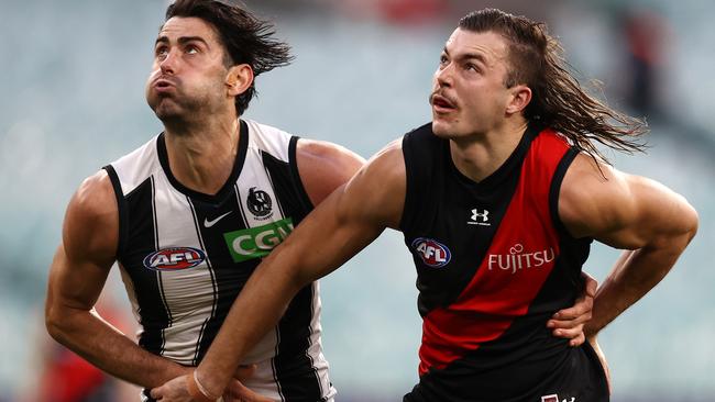 Essendon’s Sam Draper and Brodie Grundy contest a ruck duel at the MCG. Picture: Michael Klein