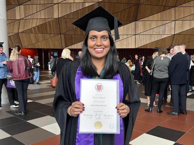 Cassie Abeynaike graduates with a Graduate Certificate in Catholic Studies from the Australian Catholic University on April 17, 2024. Picture: Brittany Busch