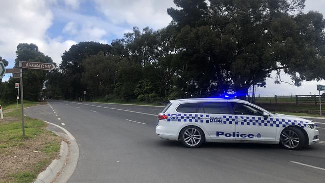 Traffic was blocked on Frankston-Flinders Rd in Shoreham after the death of a cyclist on Monday morning. Picture: Sophie Welsh