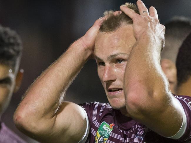 Daly Cherry-Evans of the Sea Eagles reacts to another Wests Tigers try during the Round 6 NRL match between the Manly-Warringah Sea Eagles and the Wests Tigers at Lottoland in Sydney, Sunday, April 15, 2018. (AAP Image/Craig Golding) NO ARCHIVING, EDITORIAL USE ONLY