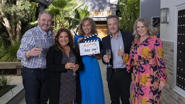 Alan Fletcher, Rebekah Elmaloglou, Annie Jones, Stefan Dennis and Lucinda Cowden on day one of Neighbours filming. Picture: supplied