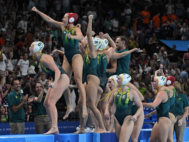 Australia’s team celebrates their win over the USA. Picture: Andreas Solaro / AFP