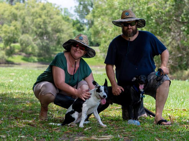 Amy Gunningham and Ryan Smith enjoy Marlow Lagoon with their pups. Picture: Che Chorley