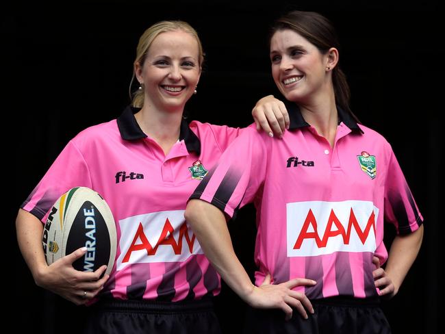 Female referees Belinda Sleeman (left) and Kasey Badger are ready and waiting.