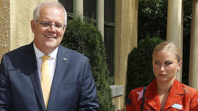 Prime Minister Scott Morrison with Grace Tame, who appeared to be uncomfortable with the meeting. Picture: NCA NewsWire / Gary Ramage