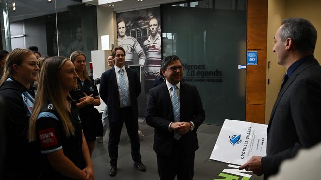 The Sharks playing group present their NRLW pitch to Andrew Abdo. Picture: NRL Images