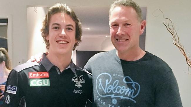 Callum Brown with his father, Collingwood great Gavin Brown on draft night after he was picked up by the Magpies. Picture: Collingwood Twitter