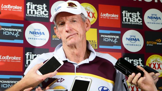 Wayne Bennett talks to the media after Brisbane Broncos training. Pic Darren England.