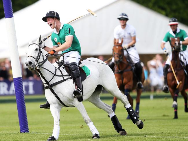 On a high ... Prince Harry celebrates after scoring a goal during the Maserati Jerudong Park Trophy at Cirencester Park Polo Club in Cirencester, England. Photo by Chris Jackson/Getty Images for La Martina/Maserati