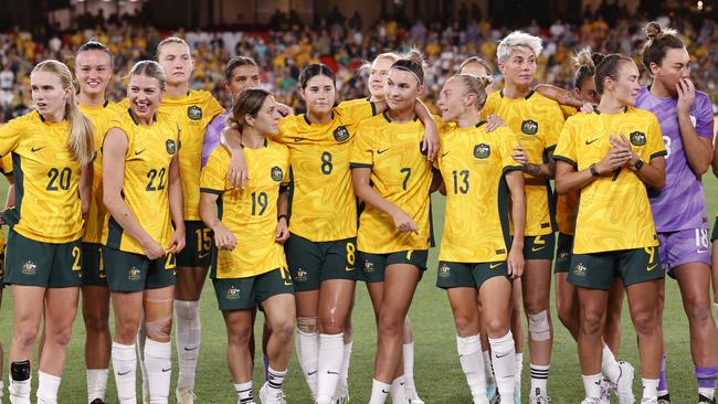 The Matildas celebrate after securing their qualification for the Paris 2024 Olympics. Picture: Darrian Traynor/Getty Images