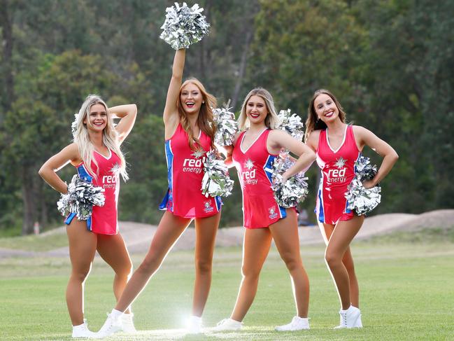 Central Coast Newcastle Knights cheerleaders: Renee Jackson, India Jacobs, Rhiannon Donaldson and Sharna Scott at Umina Oval. Picture: AAP Image/Sue Graham