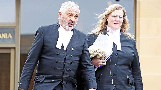 Lawyers of Margaret Otto, Greg Melick SC and Caroline Graves leave the Supreme Court of Tasmania in Hobart. Picture: Zak Simmonds