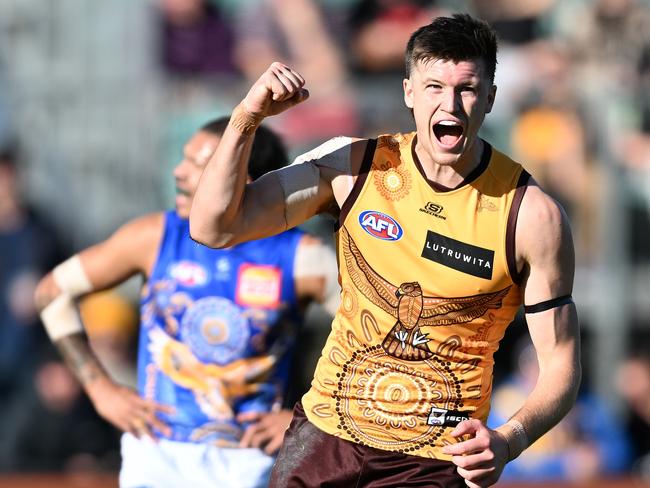 Mitch Lewis of the Hawks booted six goals against West Coast on Sunday. (Photo by Steve Bell/Getty Images)