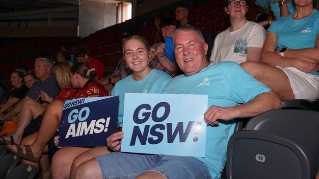 Jorah Landrigan &amp; Craig Landrigan cheering on NSW in the 2023 National Netball Championships. Picture: Pema Tamang Pakhrin