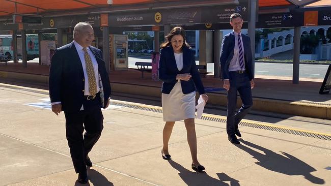 Mayor Tom Tate, Premier Annastacia Palaszczuk and Transport Minister Mark Bailey in Broadbeach to announce funding of the business case for light rail to be extended to Gold Coast Airport. Picture: Andrew Potts.