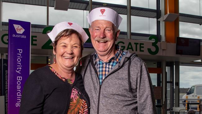 Cambridge, Tasmania Thursday 16th November. Passengers Sue and Graeme Moore, celebrating their 50th Wedding anniversary were on Flight Virgin airlines VA1316 arriving at Hobart Airport and were surprised by a gift of a free cruise. Picture: Linda Higginson