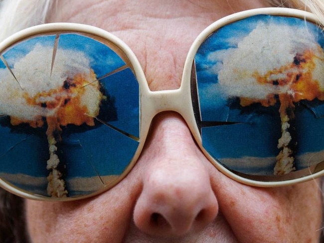 This anti-nuclear activist, spotted at a Sydney protest against Australia’s nuclear submarine project, effectively blinded herself to any positives associated with atomic energy. Hope she wasn’t driving. (Picture: NCA NewsWire/David Swift)